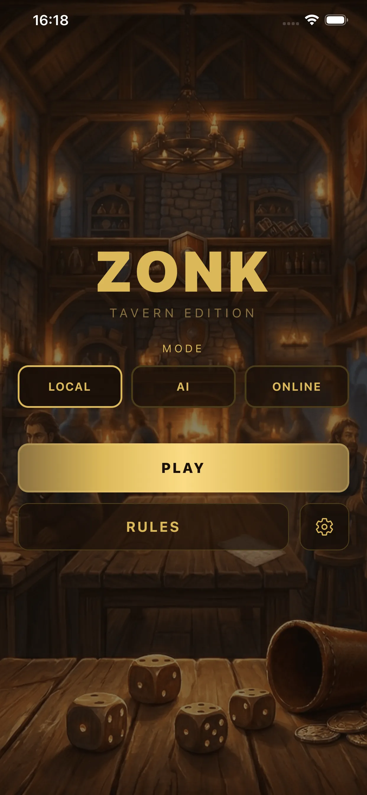 Zonk 10000 app: main menu to play on one device, against the AI or online