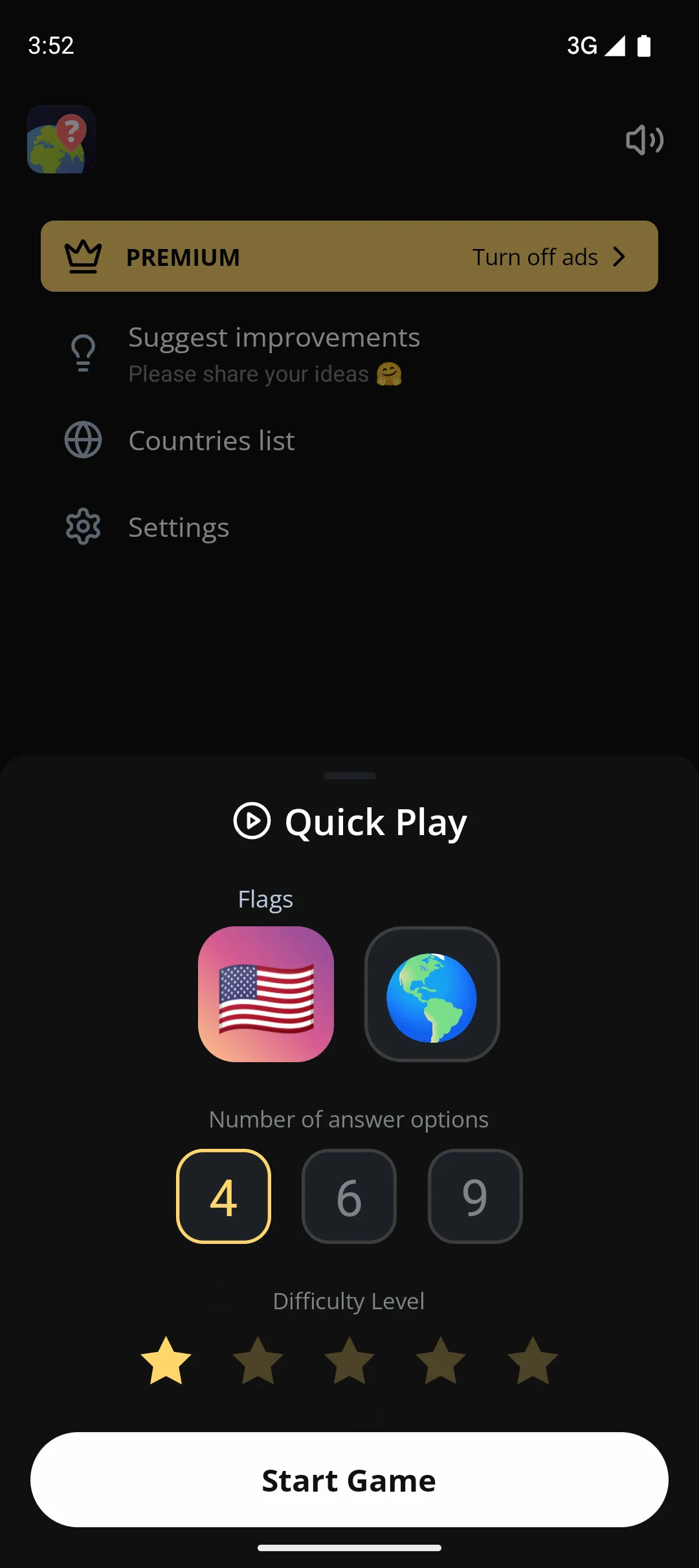 World Quiz app: Quick Play setup with the number of answer options and difficulty level